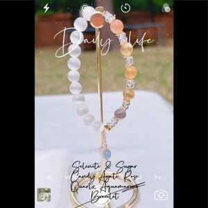 - Selenite & Sugar Candy Agate, Rose Quartz, Aquamarine Bracelet